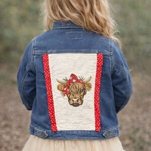 Upcycled Highland Cow Denim Jacket, Boho Western Farm Style